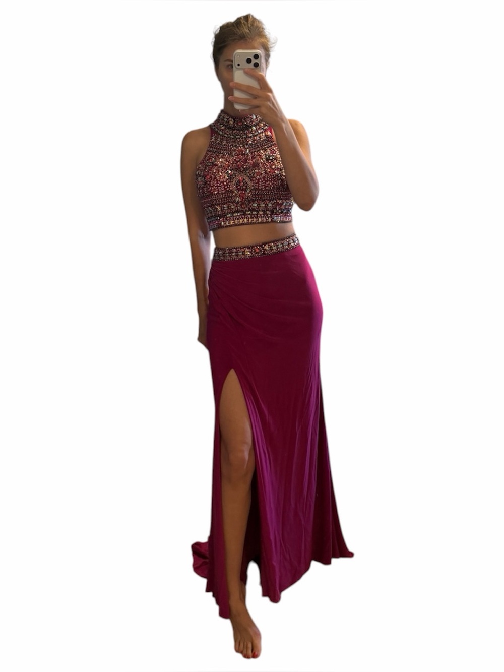 Sherri Hill Magenta Beaded Crop top Two-Piece skirt Prom Gown Size 2